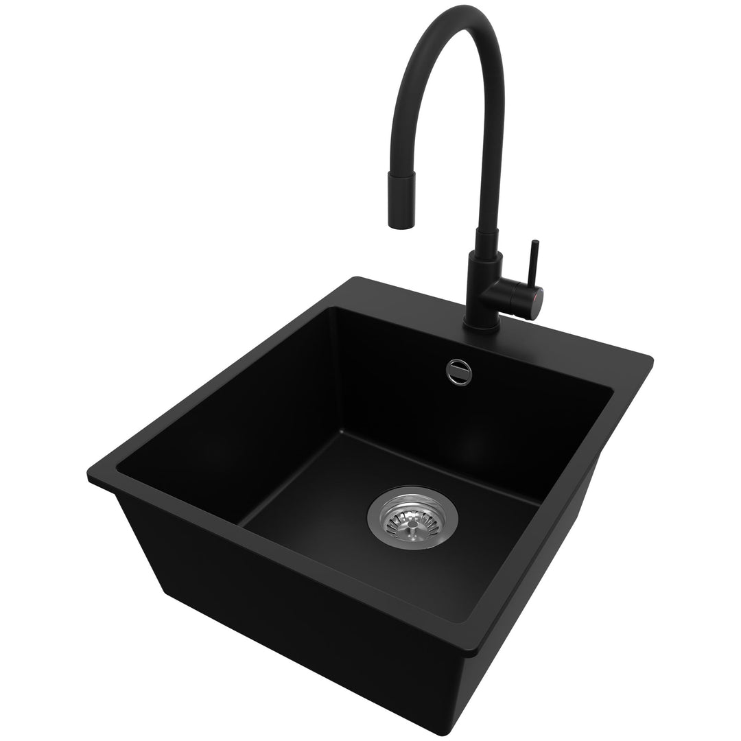 PRIMAGRAN Granitspüle Schwarz 43x50cm, Spülbecken 1 Becken + Küchenarmatur 40x38cm + Ablauf-Set, Küc