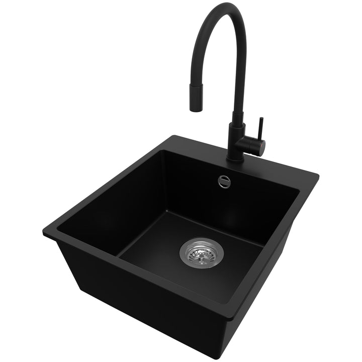 PRIMAGRAN Granitspüle Schwarz 43x50cm, Spülbecken 1 Becken + Küchenarmatur 40x38cm + Ablauf-Set, Küc