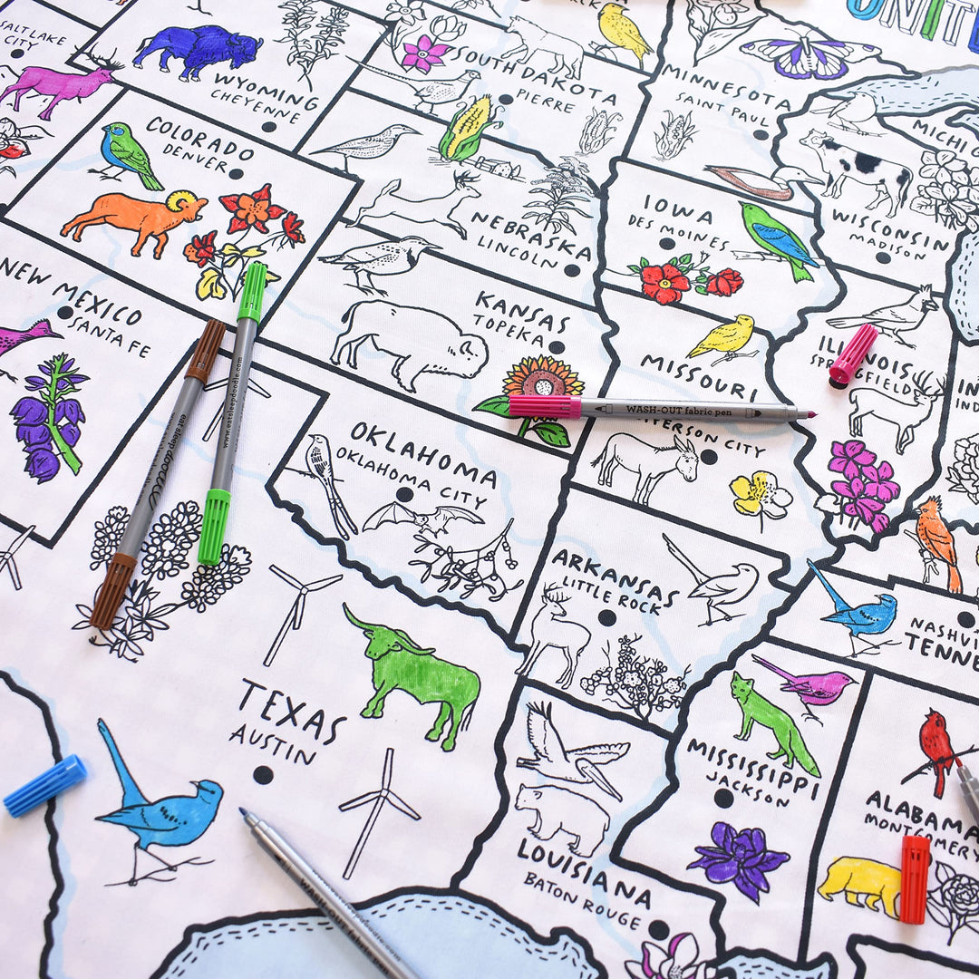 eatsleepdoodle Color &amp; Learn Tischdecke mit waschbaren Stoffmarkern US Map, Us-karte