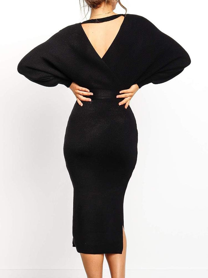 Saodimallsu Damen V-Ausschnitt Pulloverkleid Strickkleid Langarm Pullover Schlitz Offener Rücken Fig