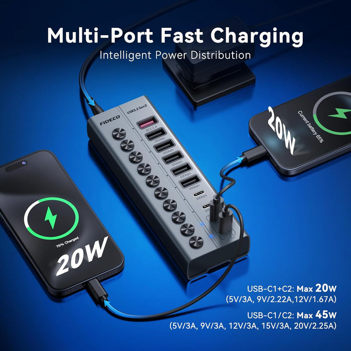 FIDECO 10 Ports USB Hub mit Netzteil, USB Hub Aktiv mit 1 BC1.2, 2 PD 45W Charging Port und 7 USB 3.