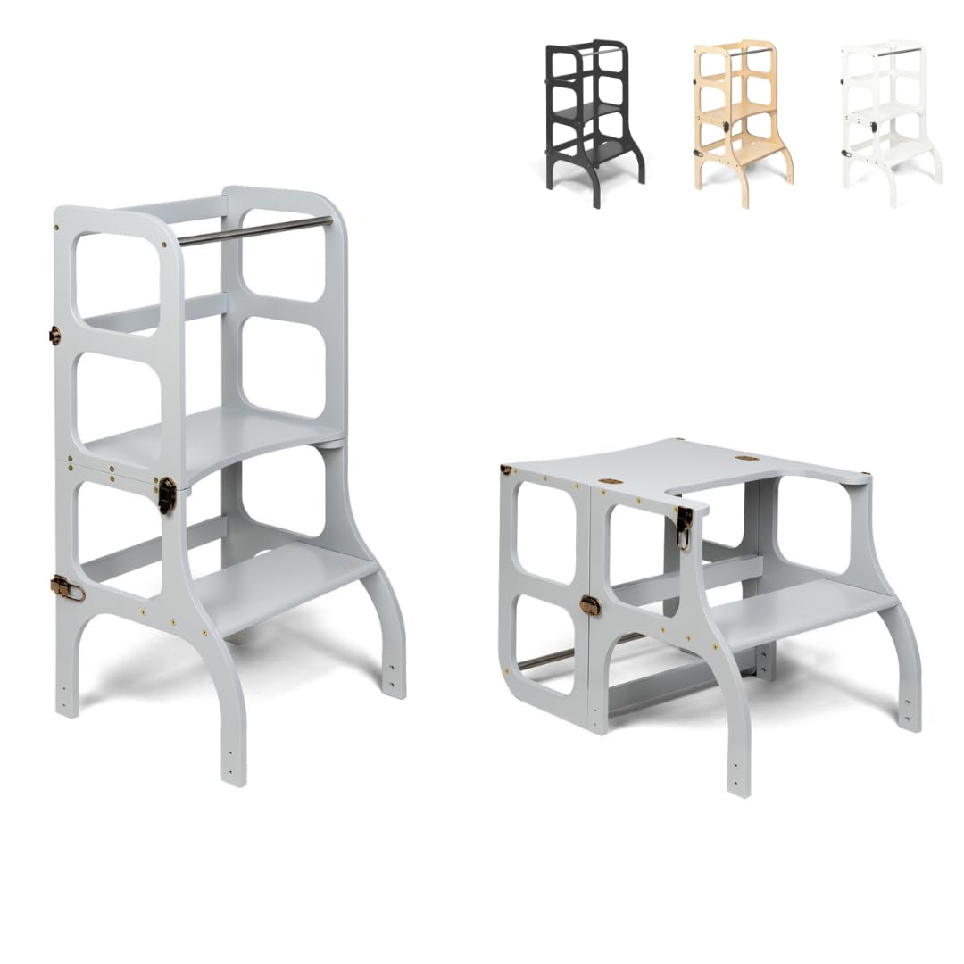 Klappbarer Lernturm mit Sitzfunktion, 45 cm Stehhöhe, Step’n’Sit, Lernturm mit Sitz und Tisch umklap