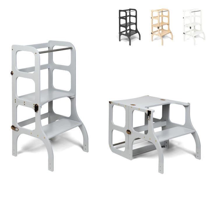 Klappbarer Lernturm mit Sitzfunktion, 45 cm Stehhöhe, Step’n’Sit, Lernturm mit Sitz und Tisch umklap