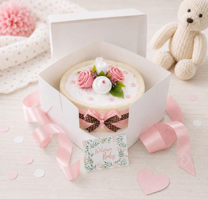 dubistda© Windeltorte CAKEBOX für Mädchen rosa | Geschenk für Mädchen zur Geburt Babyparty Babyshowe