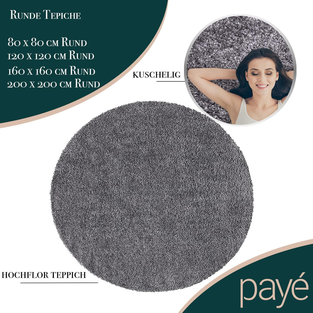 payé Teppich Rund Hochflor Shaggy - 200x200cm - Anthrazit Einfarbig Uni Flauschig Modern Boho Wohnzi