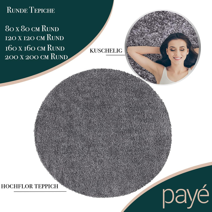 payé Teppich Rund Hochflor Shaggy - 200x200cm - Anthrazit Einfarbig Uni Flauschig Modern Boho Wohnzi