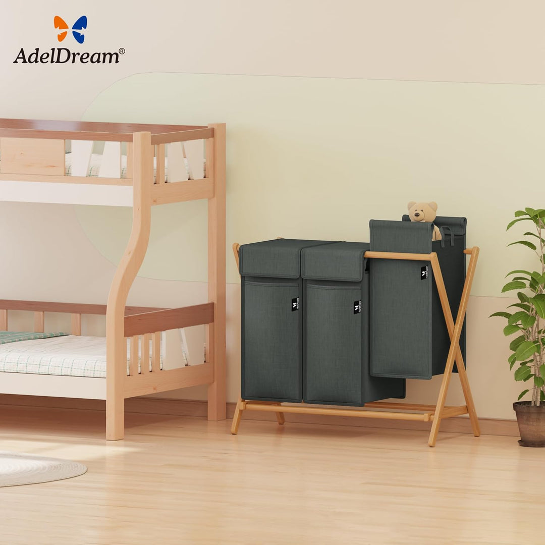 AdelDream Wäschekorb 3 Fächer 150L Bambus Wäschesammler Wäsche Sortiersystem X-förmige Wäschebox lau