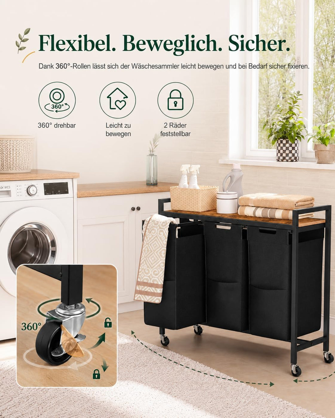 HOOBRO Wäschekorb 3 Fächer mit Ablage und Rollen, 119,4 L | Masse: 84 x 33 x 74,5 cm, 3 x 39,8 L Wäs