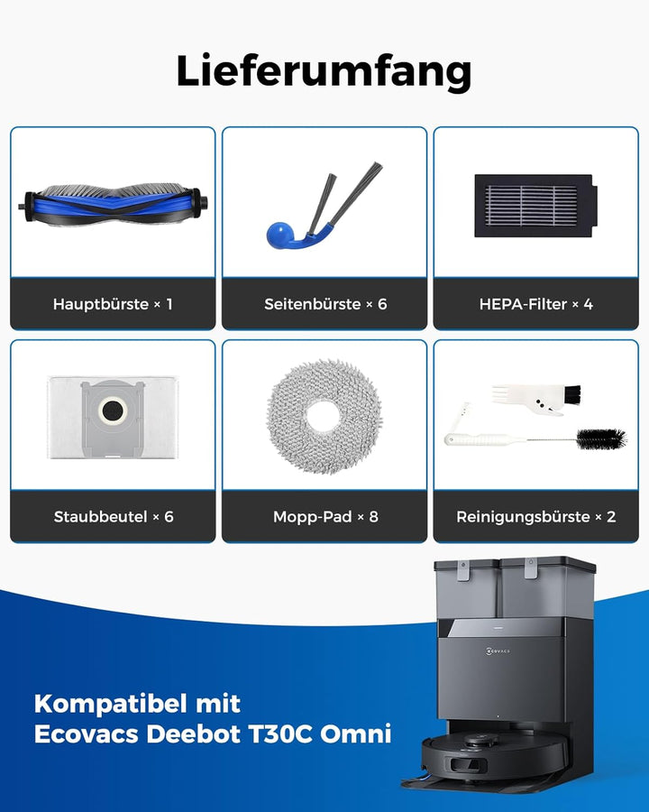 27 Stück Zubehör für Ecovacs Deebot T30C Omni Gen2/T30C Omni Roboterstaubsauger: 1 Hauptbürste, 6 Se