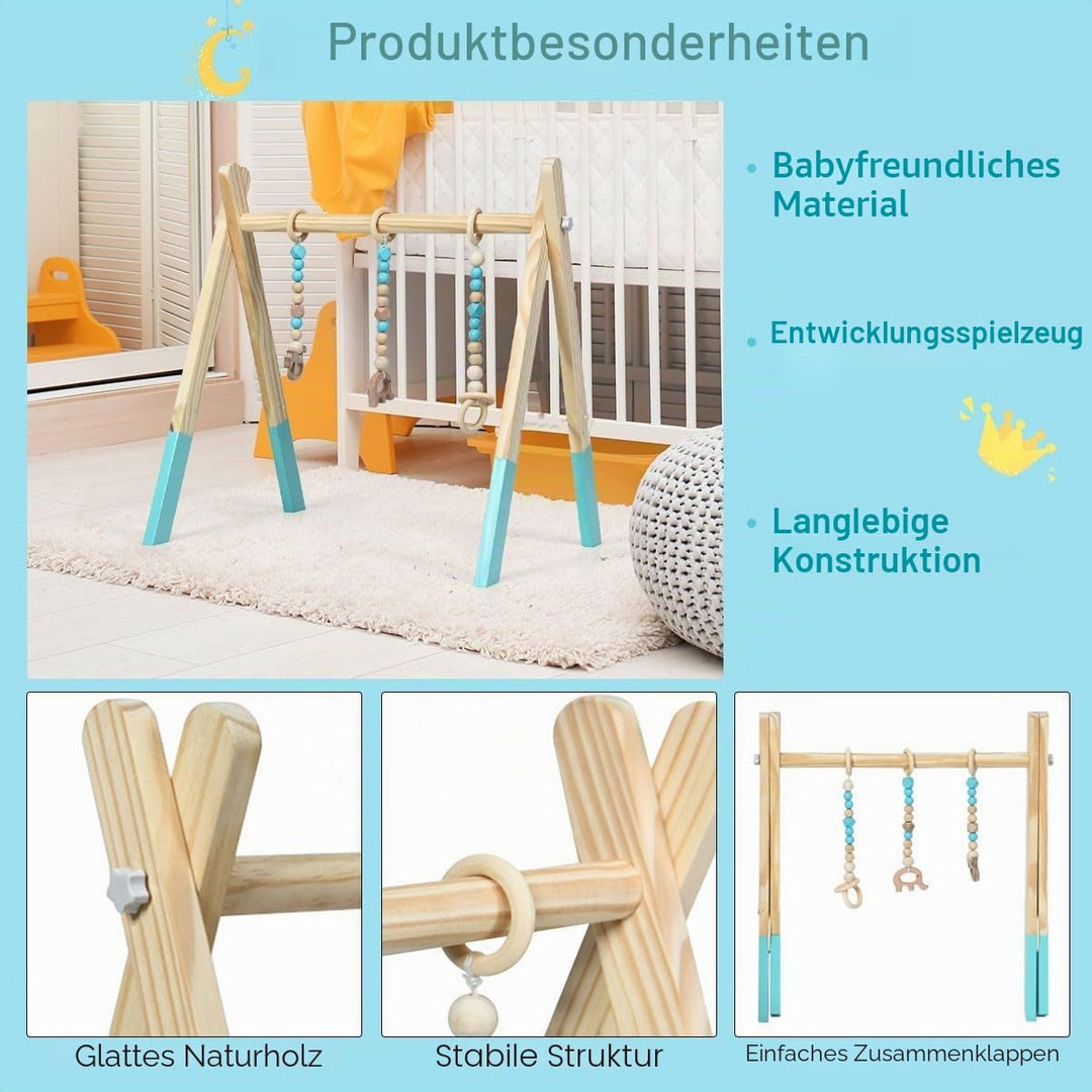 LIFEZEAL Spieltrapez, Spielbogen Baby Holz, Babyspielgerät mit 3 Spielzeugen, Holzspielzeug baby, Ba