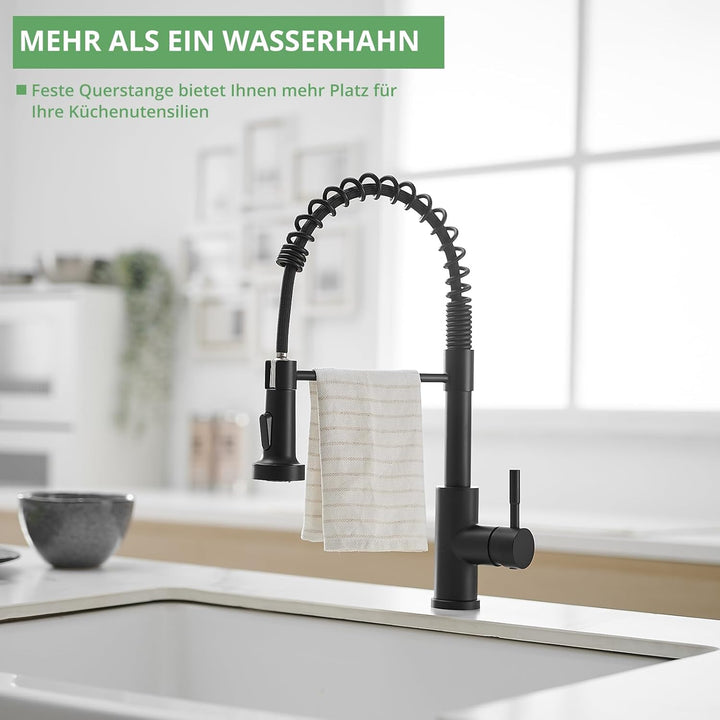 TIMACO Schwarz Wasserhahn Küche, Hochdruck-Küchenarmatur mit herausziehbarer Brause,Mischbatterie Sp
