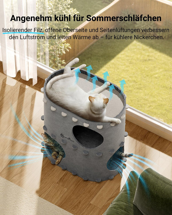 DownyPaws Katzenhöhle aus Filz, 2-stöckige Katzenbett, 50 x 33 x 50 cm Schloss Katzenhaus zum Spiele