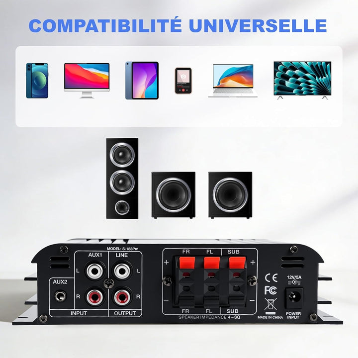 2.1 Kanal Mini hifi Verstärker - Bluetooth 5.3 Audioverstärker mit 1000W Peak | 50W×2 RMS + Subwoofe