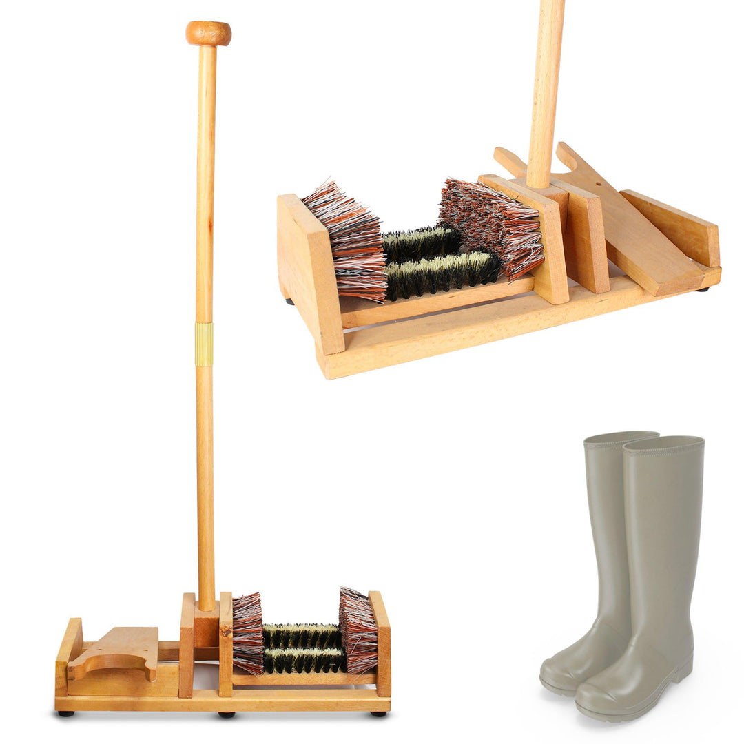 Stiefelknecht / 4 Bürsten - Stiefelzieher mit langem Holzgriff zum Aufstützen - Bürste, Abkratzer, S