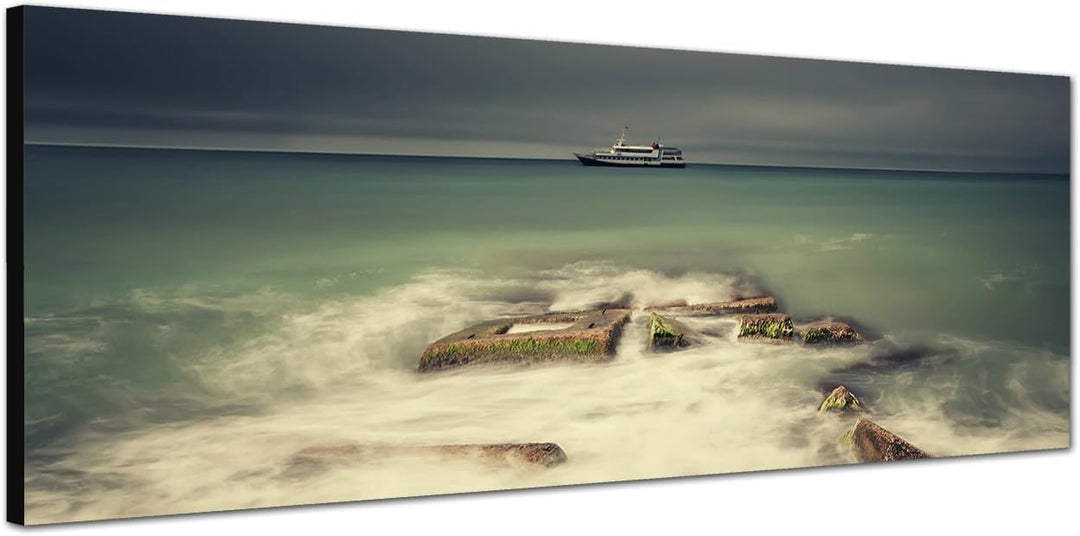 Paul Sinus Art Panoramabild auf Leinwand und Keilrahmen 120x40cm Meer Boot Nebel Steine Gewitterhimm