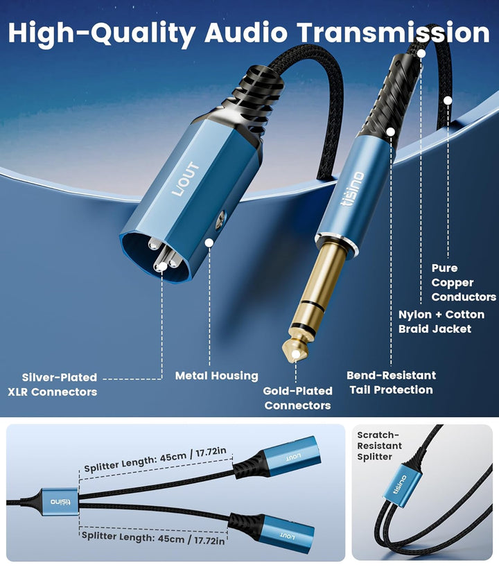 Tisino 6,3mm TRS auf 2 XLR Stecker Y-Kabel (2 m) Stereo-Breakout-Kabel für Mischpulte, Audio-Interfa