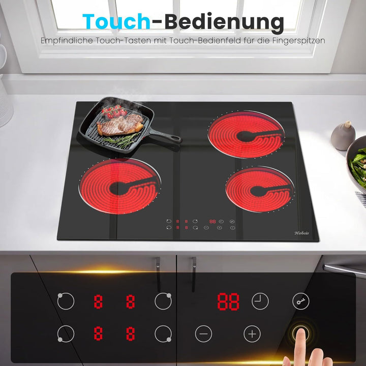 Glaskeramikkochfeld 4 Zonen Kochfelder Sensor-touch Control Kochfeld Autark 60cm, 6000W, 9 Leistungs