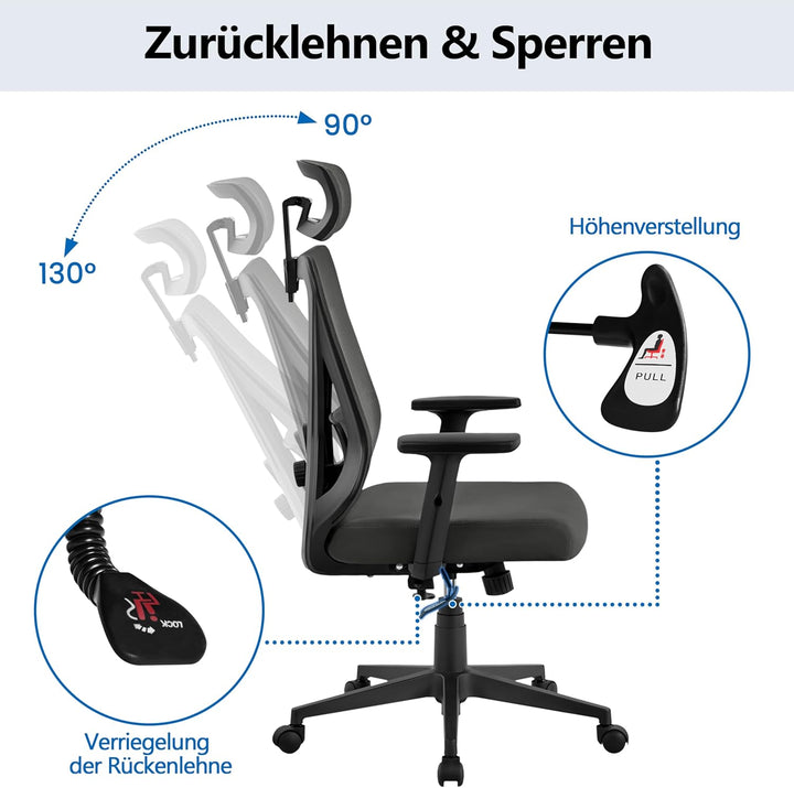 Yaheetech Bürostuhl Ergonomisch, Schreibtischstuhl mit Verstellbarer Kopfstütze, Armlehnen, Lendenwi