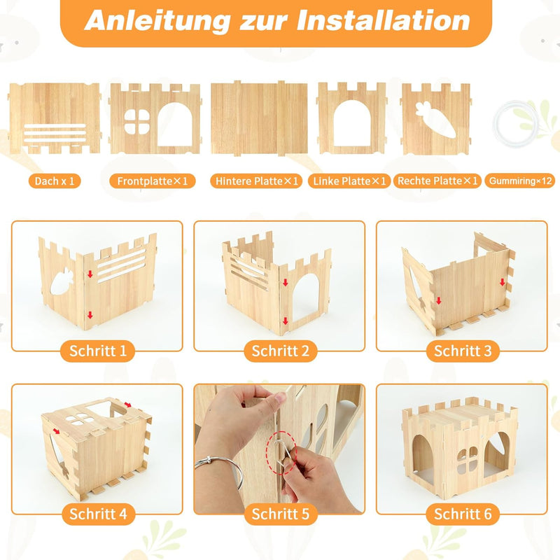FHTONGE Grosse Kaninchenhaus, Hasen Spielhaus zum Verstecken Holz Häuschen für Kaninchen, Kaninchens