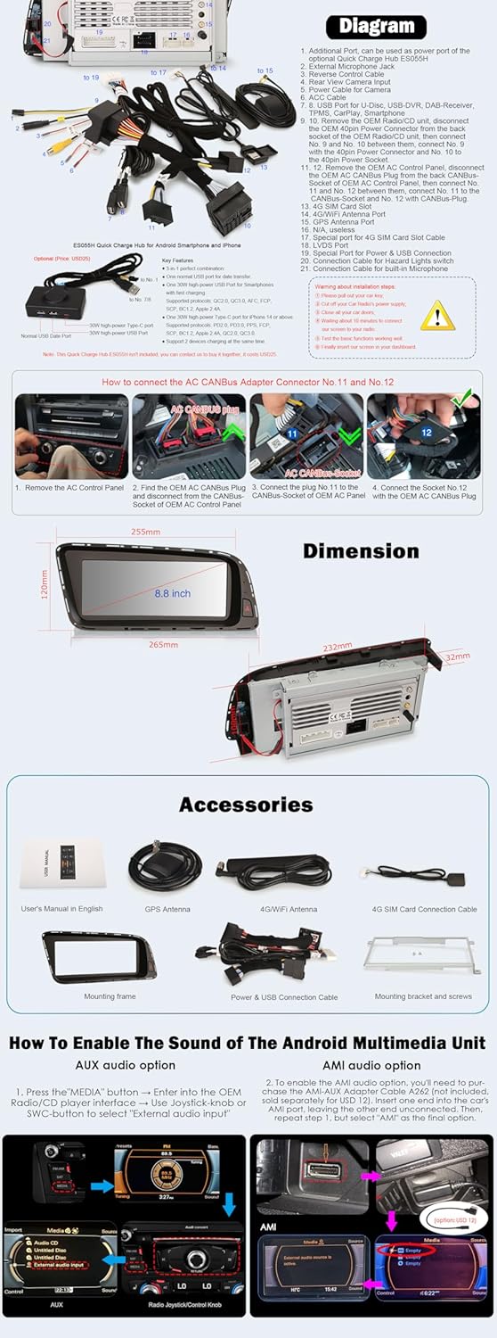 Erisin Qualcomm 8-Kern 4GB+64GB Android 14 1 Din Autoradio Bluetooth Für Audi Q5 2009-2016, 8,8 Zoll