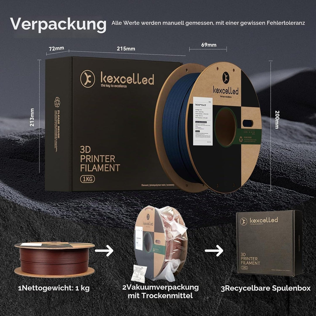 kexcelled PLA CF Kohlefaser Filament 1,75mm Modifiziertes Carbon Fiber Material Verbesserte Zähigkei
