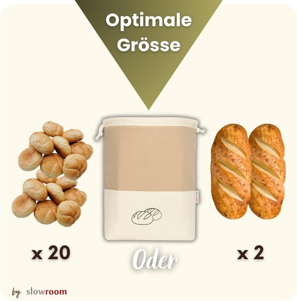 slowroom Brotbeutel zur Brotaufbewahrung und Frischhalten 3 in 1 - Brotkorb Stoff - Brottasche aus B