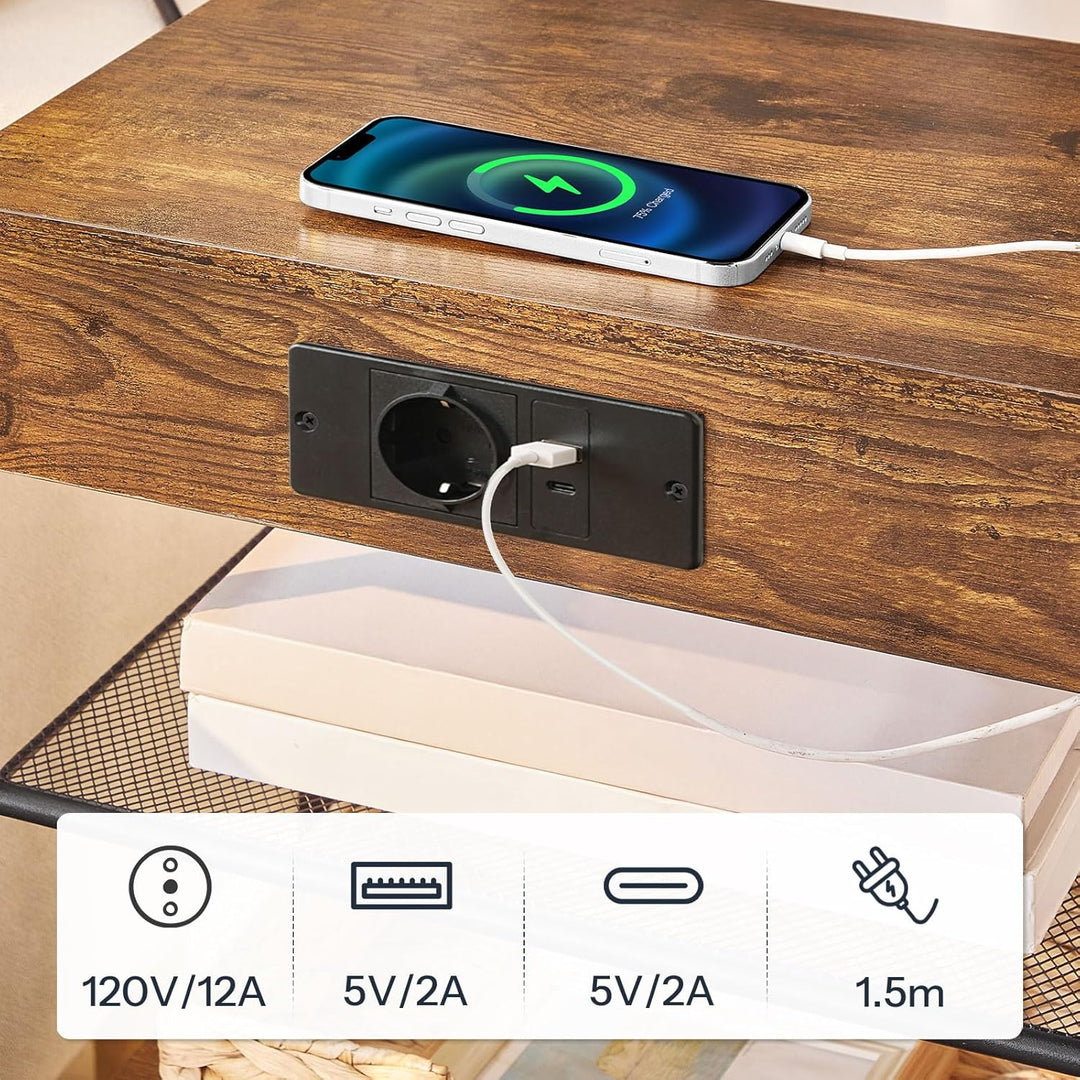 HOOBRO Nachttisch mit Ladestation und LED-Lichtleiste, schmaler Beistelltisch mit Schublade, Sofatis