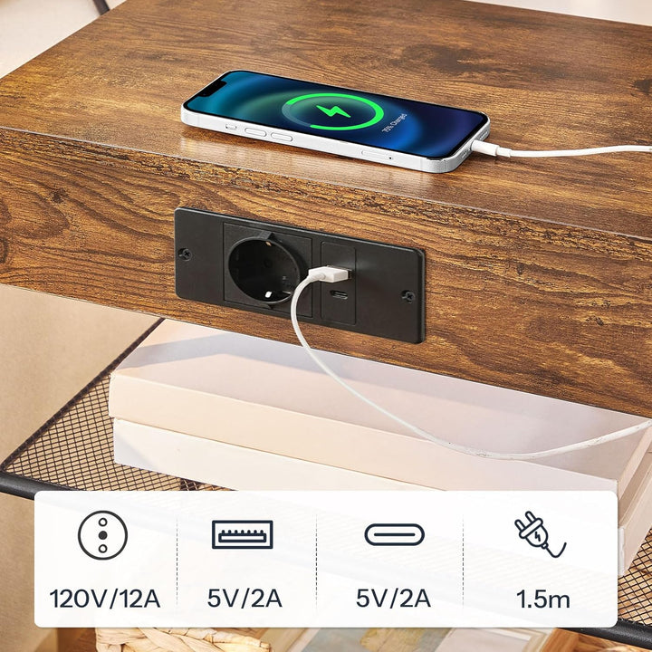 HOOBRO Nachttisch mit Ladestation und LED-Lichtleiste, schmaler Beistelltisch mit Schublade, Sofatis