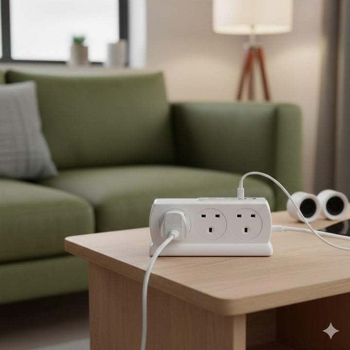 Masterplug Robustes Verlängerungskabel mit 6 Steckdosen, geschaltet, Überspannungsschutz, mit 2 USB-