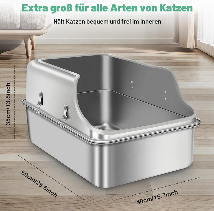 Katzenklo Edelstahl XXL, Stainless Steel Litter Box, Katzentoilette offene mit Metall Schaufel, Cat