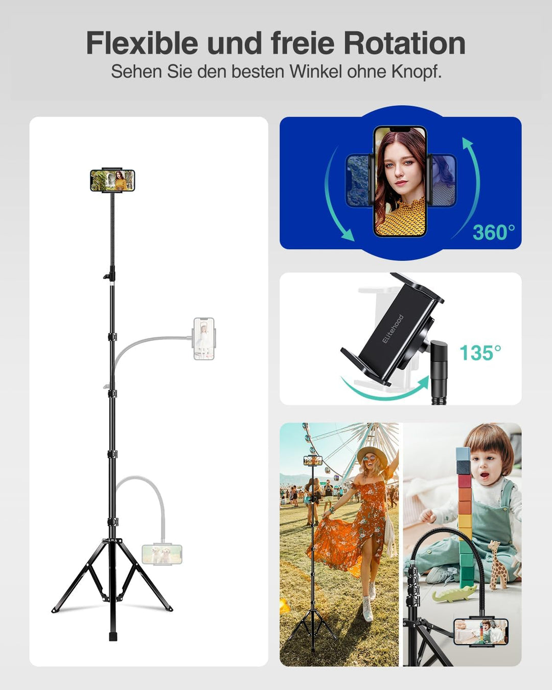 elitehood 203cm Handy Stativ, 360° Drehbar Overhead Stativ iPhone Gross | Hoch Aluminium Stativ für