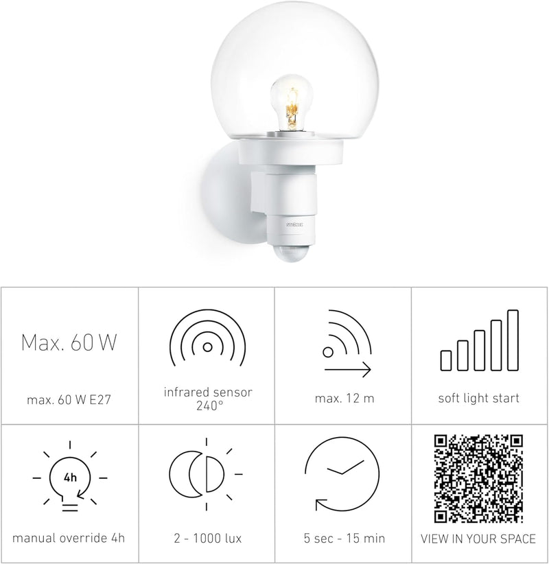 Steinel Sensor-Aussenleuchte L 115 S weiss, 240° Bewegungsmelder, 12 m Reichweite, Grundlicht, Dauer