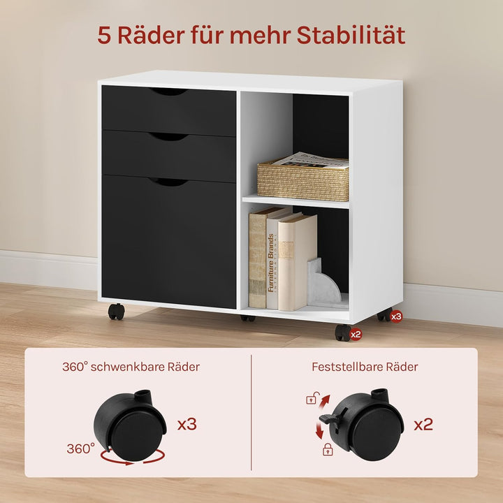 WOLTU Rollcontainer, mobiler Aktenschrank mit 5 Rollen, mit 3 Schubladen, mit verstellbarem Hängereg