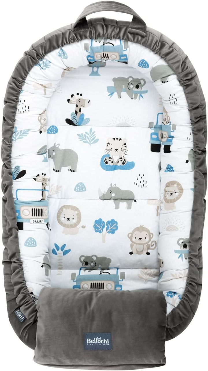 Bellochi Babynest mit Arm Kissen - Babynestchen Neugeborene - Baumwolle und Samt - Safari