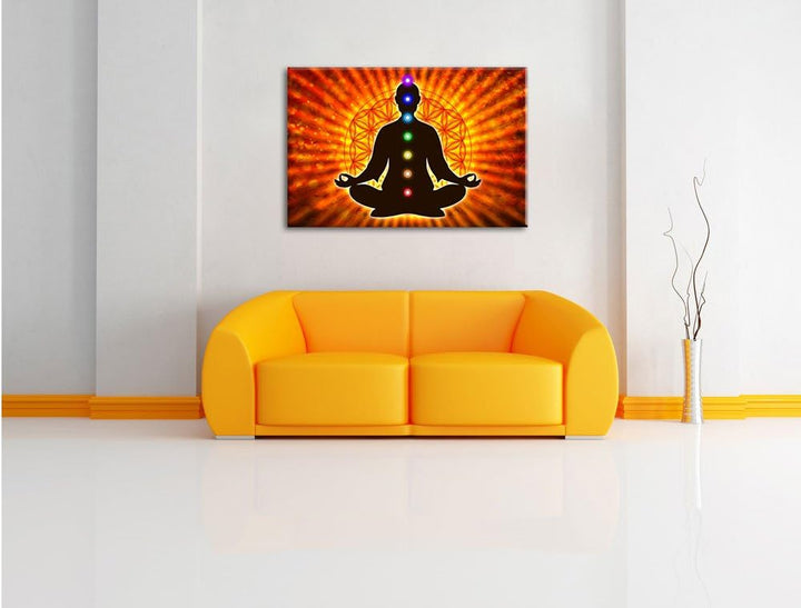 Pixxprint Meditation mit den 7 Chakren / 100x70cm Leinwandbild bespannt auf Holzrahmen/Wandbild Kuns