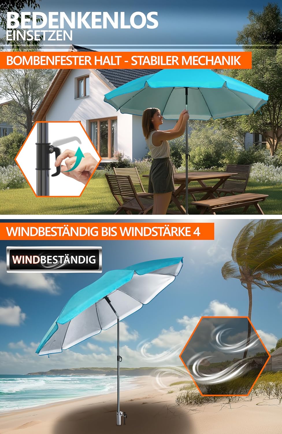 4smile Sonnenschirm Strand Ø 200 cm SET mit Eindrehbodenhülse, Türkis | Strandschirm Windfest Stabil