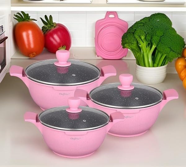 Kochtopf Kasserolle Topf Set 6-tlg mit Glasdeckel pink CF-LC 01