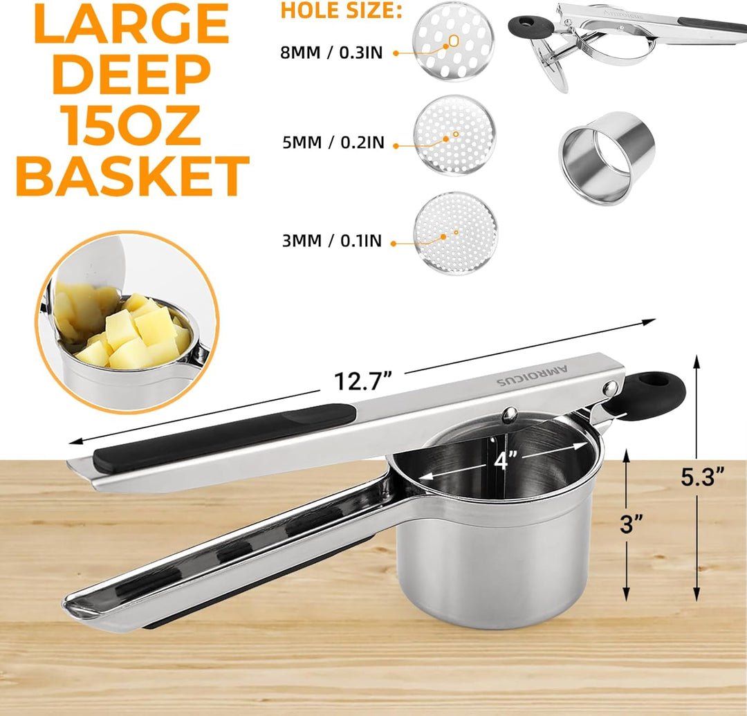 Kartoffelpresse 15oz, robuster Kartoffelstampfer aus Edelstahl mit 3 austauschbaren Scheiben, grosse