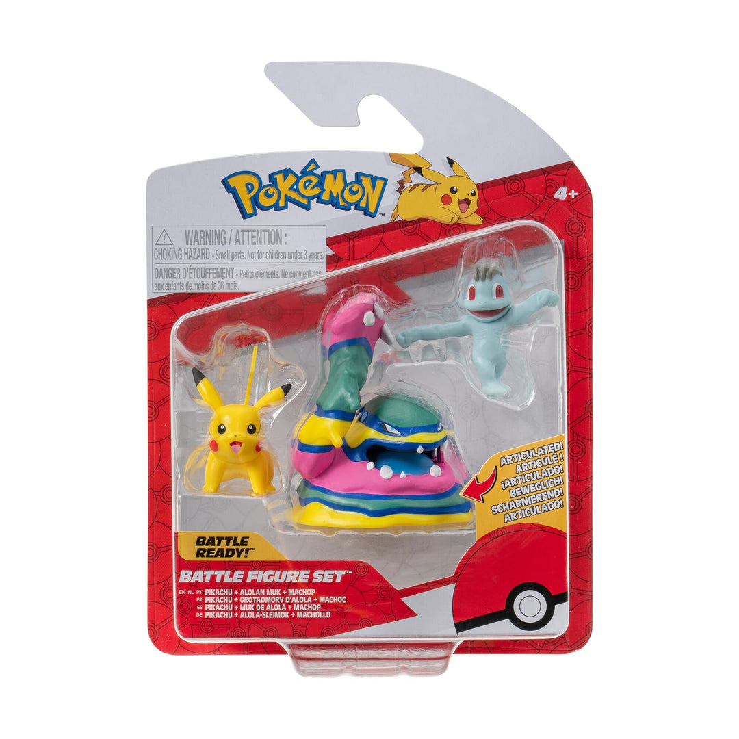 Pokémon PKW3597 - Battle Figure Set - Pikachu, Machollo, Alola-Sleimok, offizielles Figuren Set, Pik