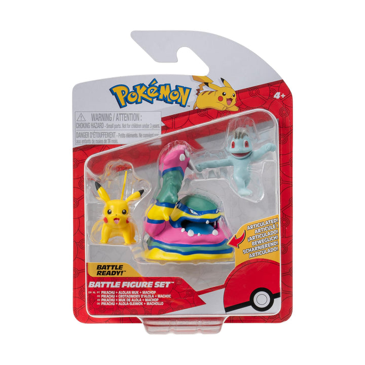 Pokémon PKW3597 - Battle Figure Set - Pikachu, Machollo, Alola-Sleimok, offizielles Figuren Set, Pik