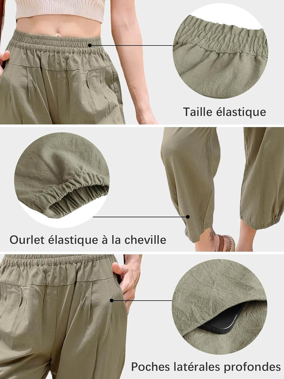 Les umes Damen Baumwolle Casual Capri Hose Elastische Taille Sommer Hose Haremhose mit Taschen XL Gr