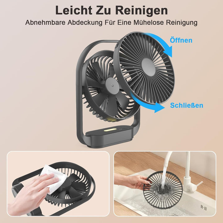 SURFOU Ventilator 4000mAh Akku, Kabelloser Tischventilator mit 4 Stufen und 2 Nachtlicht-Modi, USB-C