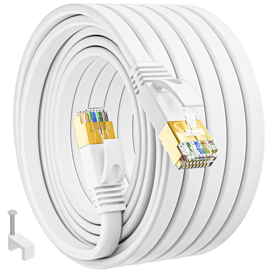 MEIPEK Lan Kabel 25 Meter Cat 7, Flach Netzwerkkabel 25m Dünn High Speed | Weiss Ethernetkabel, RJ45