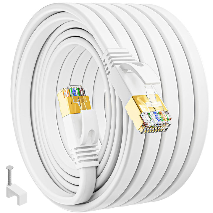 Cat 7 Lan Kabel 30 Meter, Flach Netzwerkkabel 30m Dünn High Speed Weiss Ethernetkabel Weiss RJ45 Int