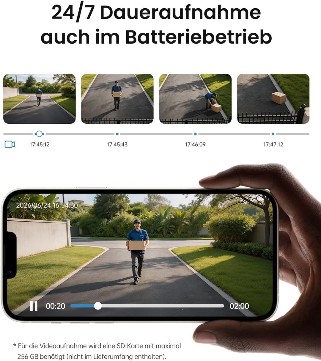 Alles in 1 Überwachungskamera Aussen Akku Solar, 2K, 100% Kabellos, 360° PTZ Kamera Überwachung Auss