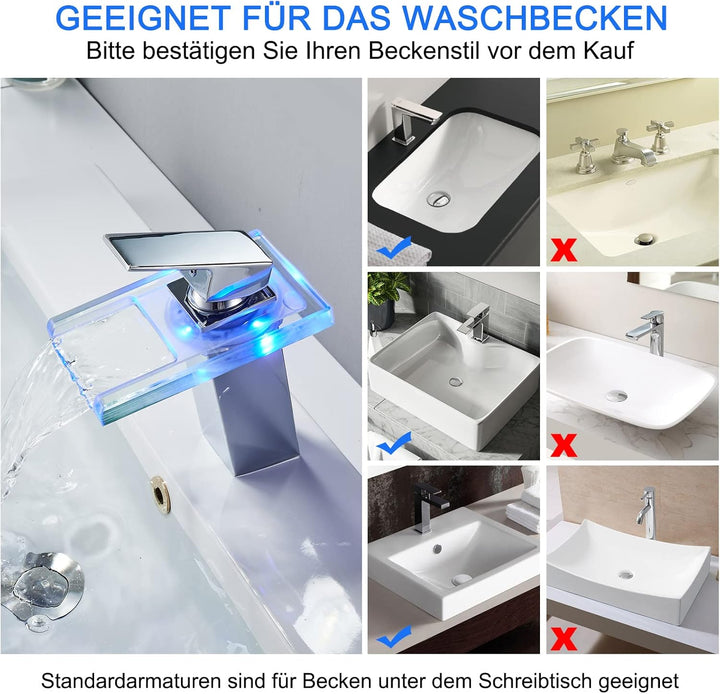 KEOKBON Wasserhahn Bad, LED Lichter Wasserhahn, Einhandmischer Wasserfall Wasserhahn, Kaltes und Hei
