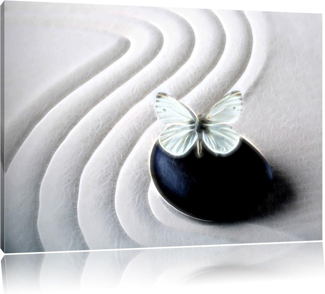 Schmetterling auf Zen Stein im Sand Deluxe Format: 100x70 cm auf Leinwand, XXL riesige Bilder fertig