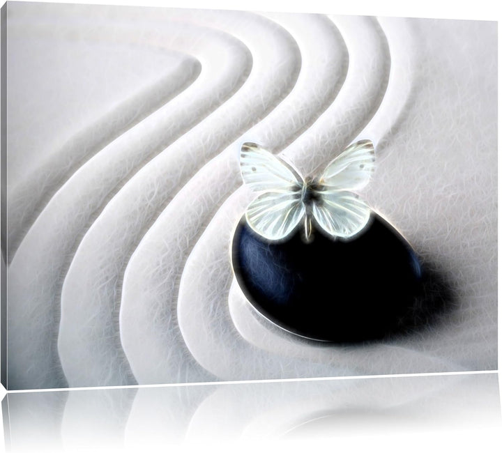 Schmetterling auf Zen Stein im Sand Deluxe Format: 100x70 cm auf Leinwand, XXL riesige Bilder fertig