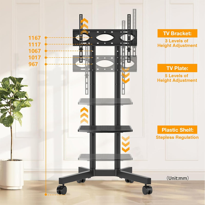 TVON Mobiler TV Ständer Rollbar Fernseherständer mit Rollen für 32-70 Zoll Fernseher, TV Bodenstände