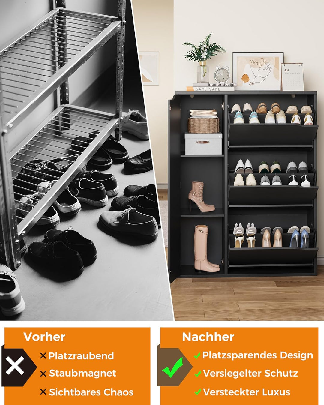 IRONCK Schuhschrank mit 3 Klappen, Schuhkipper Schmal mit Tür, Schuhregal Flur freistehend, Schuhkom
